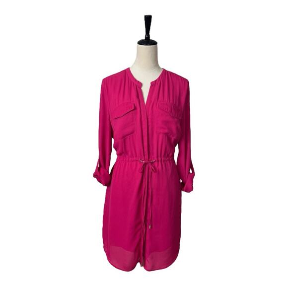 DR2 Dress Shirtdress Drawstring Waist Tabbed Sleeves Hot Pink Women’s Size Large - Picture 11 of 11